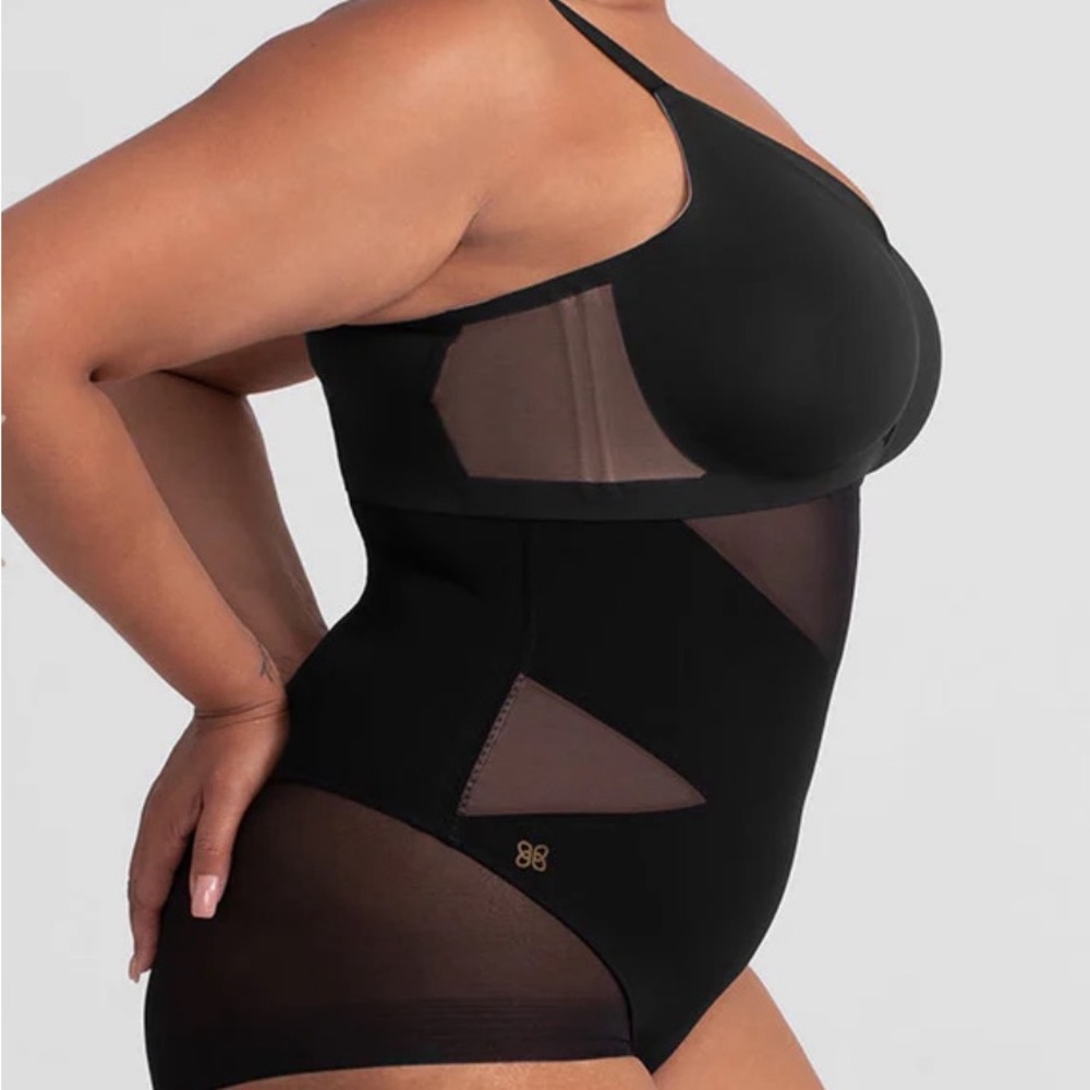 Black Shapewear Bodysuit with Sheer Panels and Structured Cups